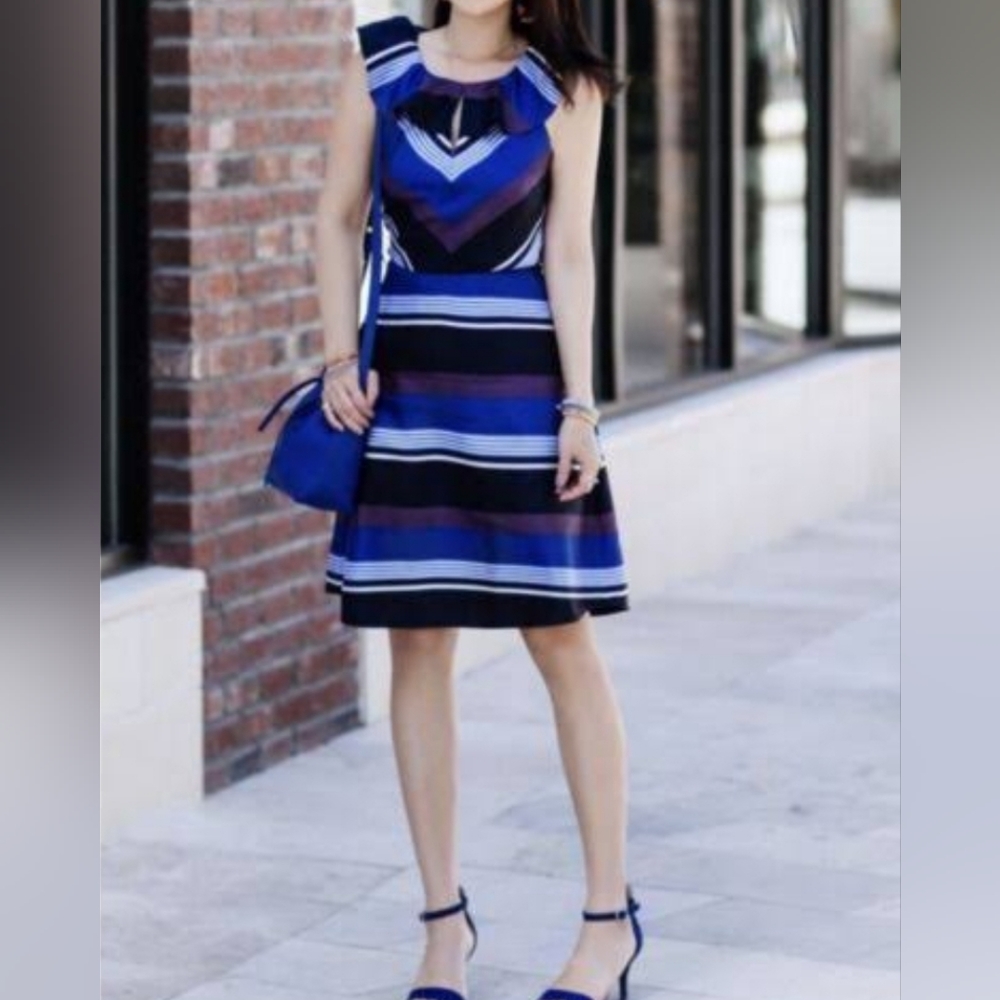 NWT Banana Republic 100% Silk Striped Ruffle V-Neck Dress Blue Purple Size 12P